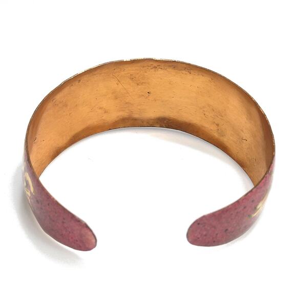 Vintage Floral Enamel Over Copper Cuff Bracelet , Floral Design Gold Trim, 1960 - Picture 5 of 10